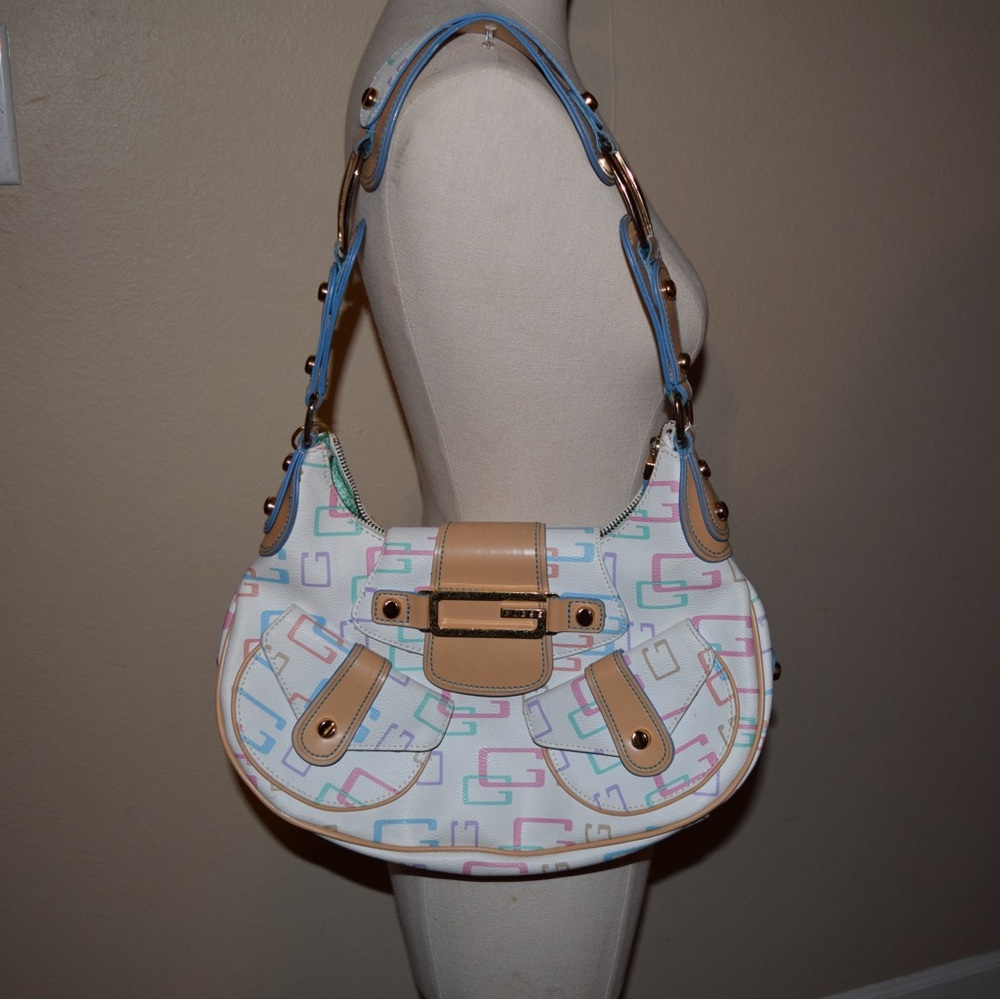 Guess Cream and Tan Shoulder Bag with Blue Accents